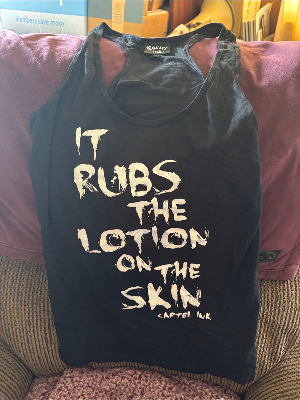 Black Graphic Racer Back  Tank Top - "It Rubs The Lotion"